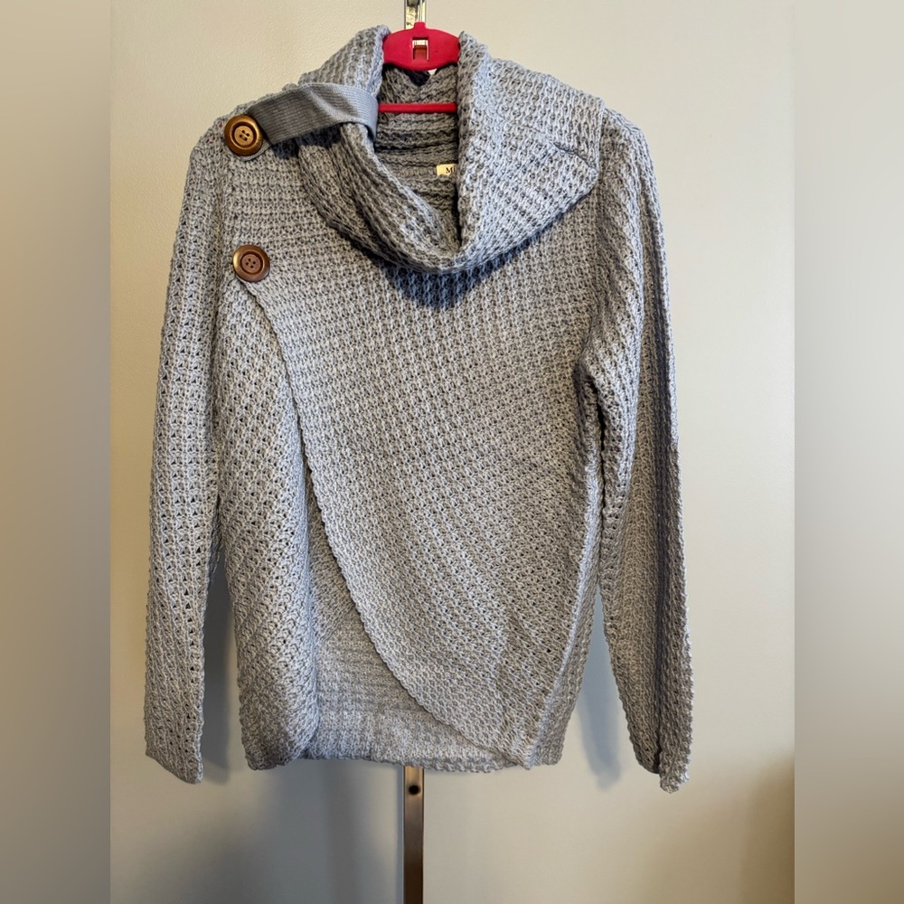 Miracle Women’s Sweater Blue/gray Pull Over Cowl Neck Cross Over S/M